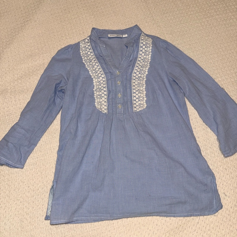 St. John's Bay Blue Tunic Top with White Crochet Trim